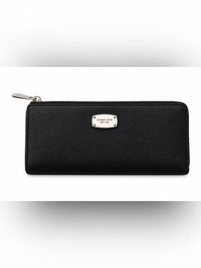 Michael Kors Saffiano Leather Long Black Jet Set Zip Wallet Classic Minimalist